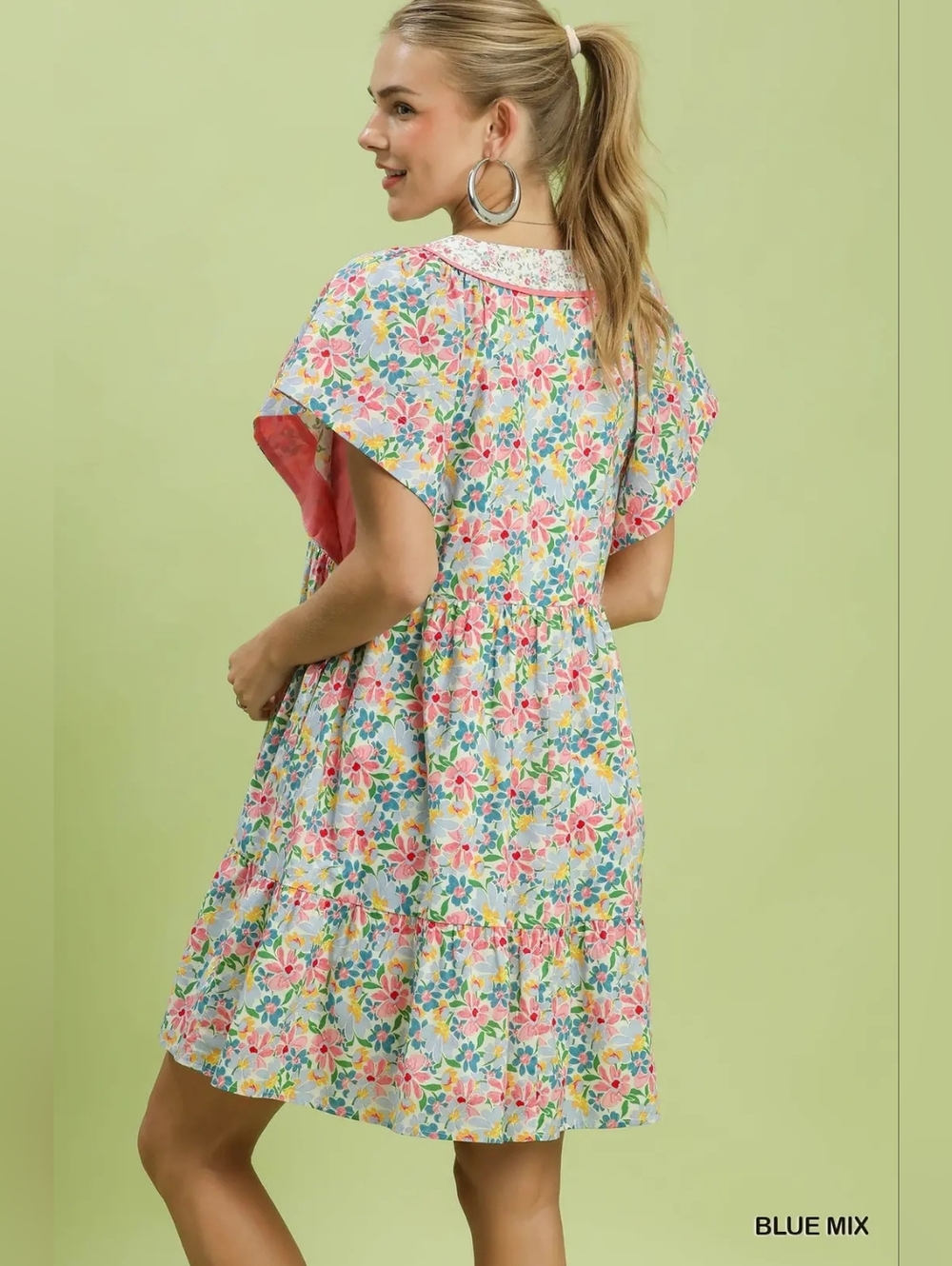 Umgee Mix Floral Tiered Mini Dress with Side Pockets - New Arrival - Picture 3 of 7